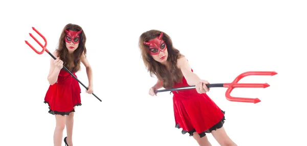 Kvinna som röd djävul i halloween koncept — Stockfoto