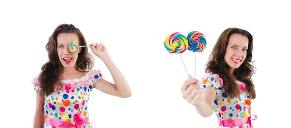 Woman with lollipops isolated on white — Stock Photo, Image