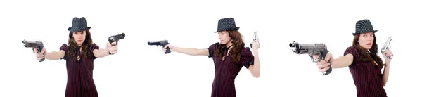 Молода жінка гангстер з пістолетом на білому — стокове фото