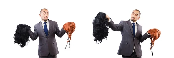 Rolig affärsman med kvinnlig peruk isolerad på vitt — Stockfoto