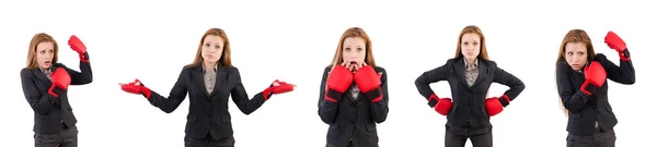 Femme d'affaires avec gants de boxe sur blanc — Photo