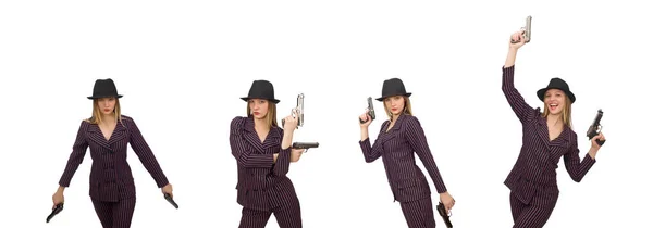 Гангстерська жінка з пістолетом ізольована на білому — стокове фото