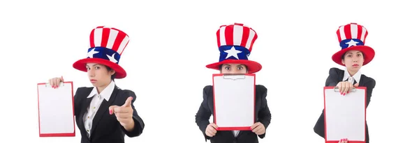 Mujer en sombrero americano con página en blanco en blanco — Foto de Stock