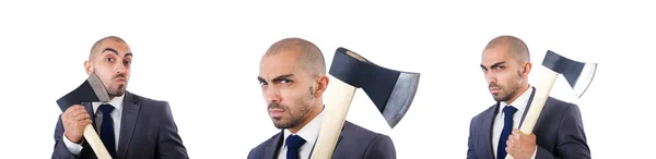 Funny businessman with axe on white Royalty Free Stock Images