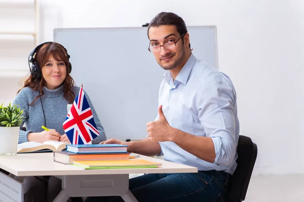 Young female student and male english teacher in the classroom — Stock Photo, Image