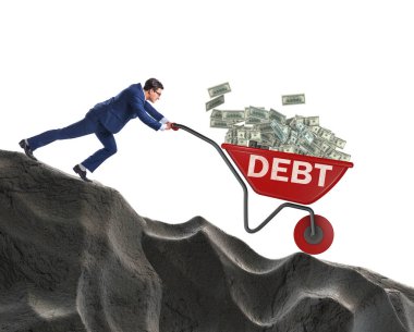 İş adamı, dolarlarla el arabasını yokuş aşağı itiyor