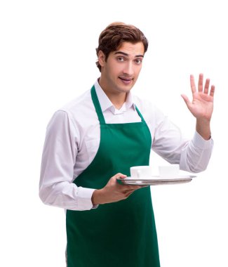 Genç garson beyaz arka planda izole edilmiş.