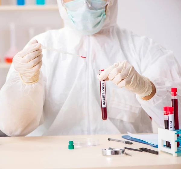 Asistente de laboratorio joven guapo analizando muestras de sangre en el hospital — Foto de Stock