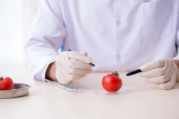 Nutrição masculina especialista em testes de produtos alimentares em laboratório — Fotografia de Stock