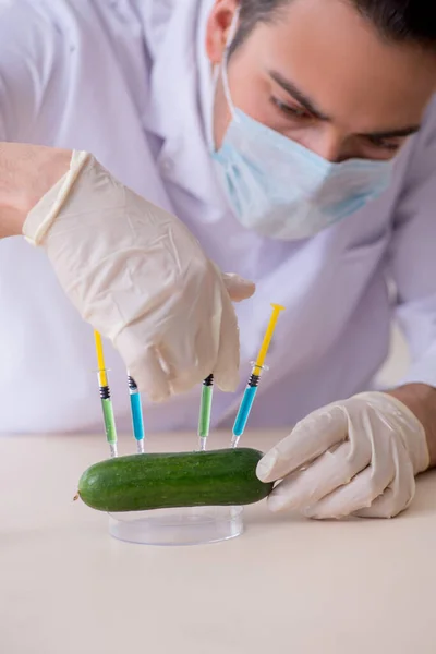Male nutrition expert testing food products in lab — Stock Photo, Image