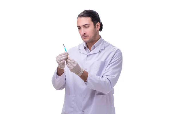 Junge hübsche Arzt mit Spritze isoliert auf weiß — Stockfoto