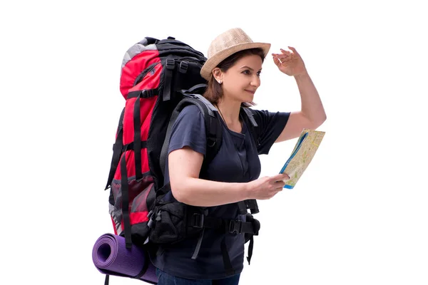 Turista feminino envelhecido isolado em branco — Fotografia de Stock