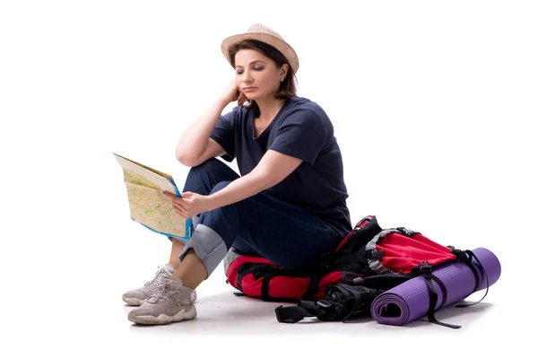 Turista feminino envelhecido isolado em branco — Fotografia de Stock