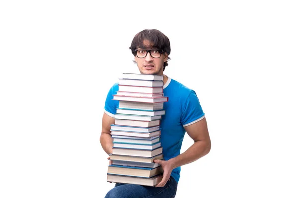 Estudante do sexo masculino com muitos livros isolados em branco — Fotografia de Stock