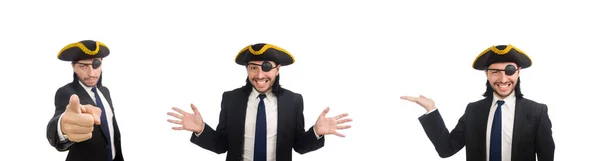 白で隔離されたトリコーンを身に着けている海賊ビジネスマン — ストック写真