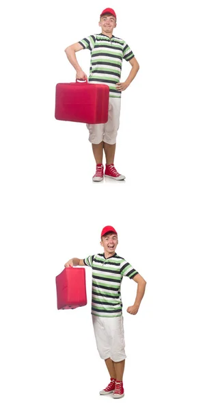Молодой человек с красным чемоданом изолирован на белом — стоковое фото