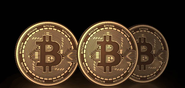 Bitcoins en concepto blockchain criptomoneda - 3d renderizado —  Fotos de Stock
