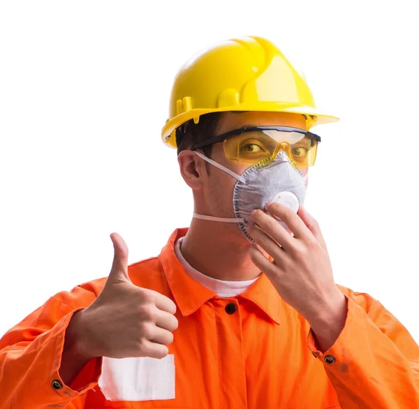 Travailleur de la construction avec masque de protection isolé sur blanc — Photo
