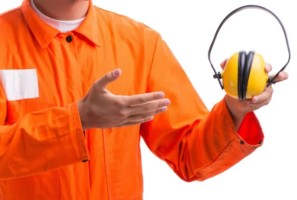 Construction worker with noise cancelling earphones — Stock Photo, Image