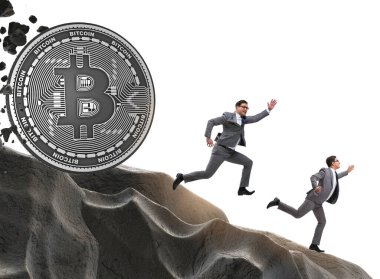 İşadamı cryptocurrency blockchain kavramında takip Bitcoin