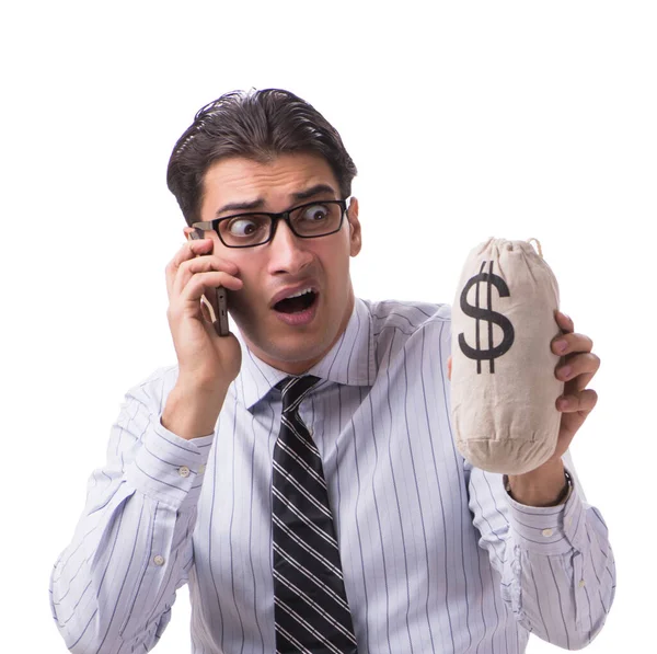 Young businessman with money sack isolated on white background — Stock Photo, Image