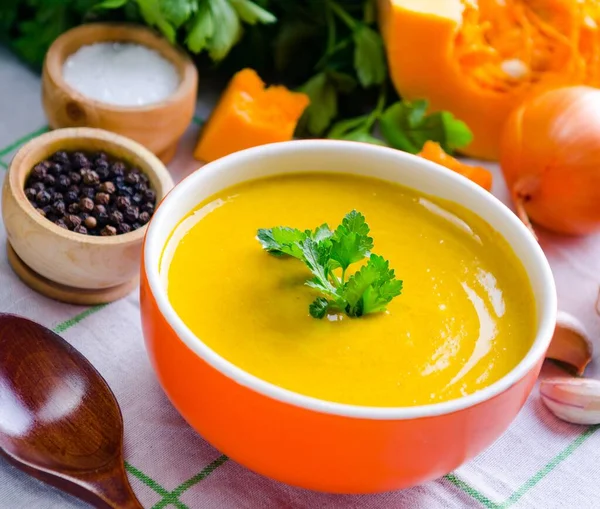 Pumpkin soup served on the table in bowl — Stock Photo, Image