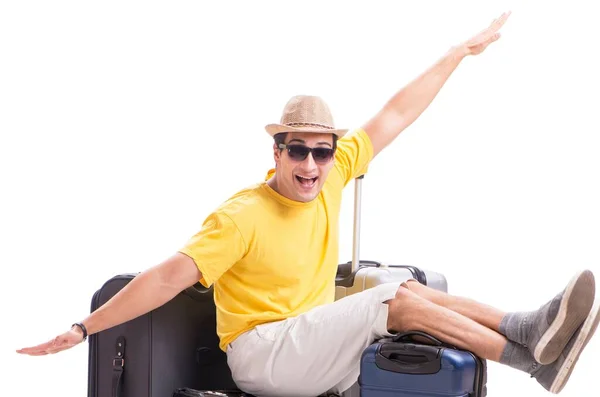 Šťastný mladý muž jede na letní dovolenou izolované na bílém — Stock fotografie