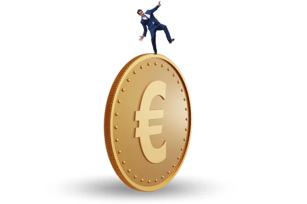 Businessman with giant golden euro coin — Stock Photo, Image