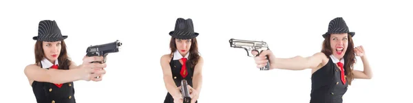 Giovane donna gangster con pistola su bianco — Foto Stock