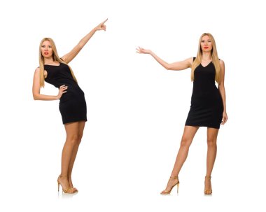 Mini siyah elbiseli, beyaz tenli güzel bir kadın.