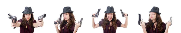 Junge Frau Gangster mit Waffe auf weiß — Stockfoto