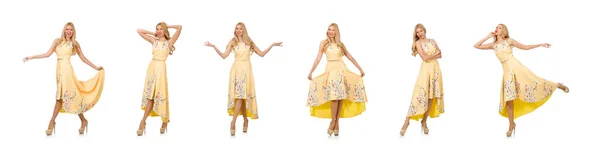 Blondes Mädchen in bezauberndem Kleid mit Blumenprints — Stockfoto