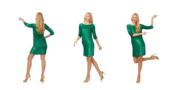 Blond hair girl in sparkling green dress isolated on white — Stock Photo, Image