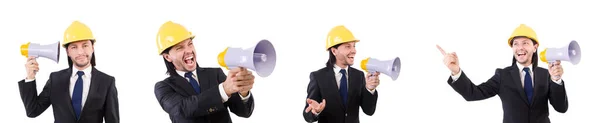 Man with helmet and loudspeaker on white — Stock Photo, Image