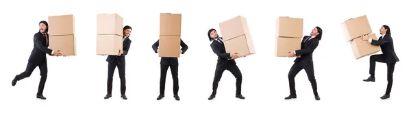 Funny man with boxes on white — Stock Photo, Image