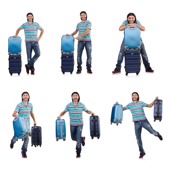 Young man travelling with suitcases isolated on white — Stock Photo, Image