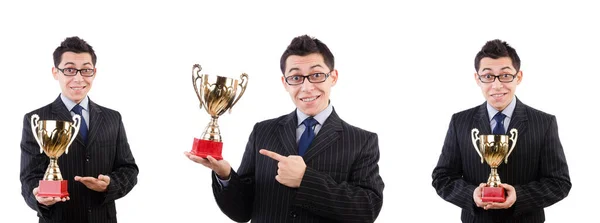 Funny guy receiving award on white — Stock Photo, Image