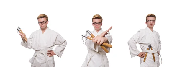 Funny karate fighter with nunchucks on white — Stock Photo, Image