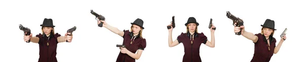 Ung kvinna gangster med pistol på vit — Stockfoto