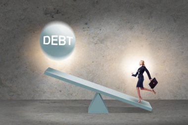 Debt and loan concept with businesswoman and seesaw clipart