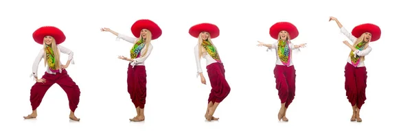 Mexicaine fille avec sombrero danse sur blanc — Photo