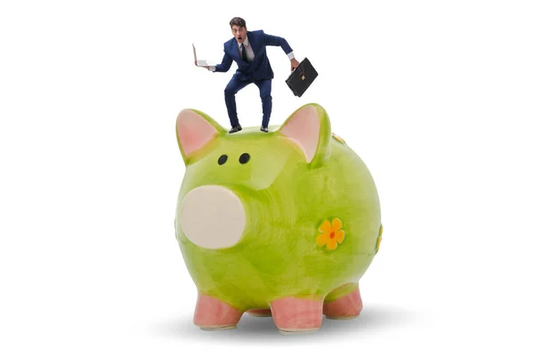Businessman in debt concept with piggybank — Stock Photo, Image