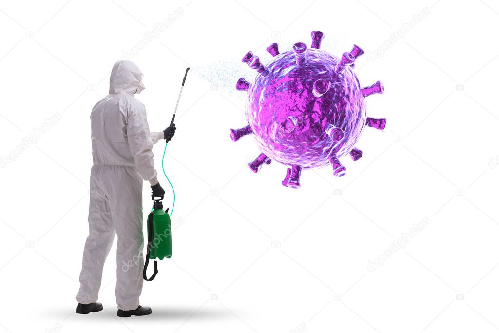 Disinfection concept with person fighting coronavirus