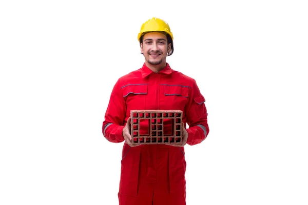 Young male mason with brick isolated on white — Stock Photo, Image