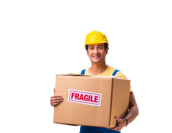 Jonge aannemer met kwetsbare dozen geïsoleerd op wit — Stockfoto