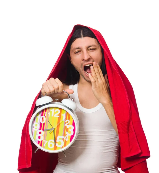 Funny man waking up in the morning on white — Stock Photo, Image