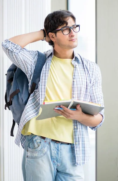 Jonge knappe student die voor het raam staat — Stockfoto