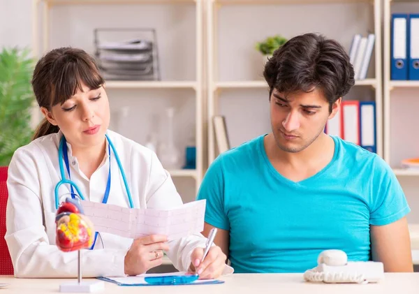 Genç adam bayan doktor kardiyoloğu ziyaret ediyor.