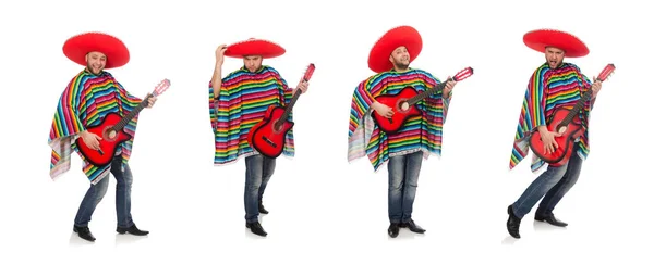 Divertido mexicano con guitarra aislada en blanco — Foto de Stock