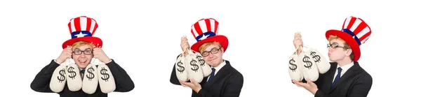 Muž s pytli na dolary na bílém — Stock fotografie
